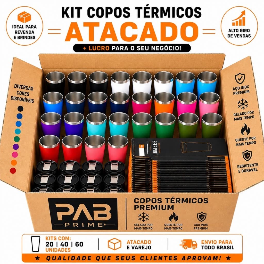 Kit Copos Térmicos Atacado, 20, 40 ou 60 Unidades, em Aço Inox 473ml com Tampa e Abridor, diversas cores, Revenda