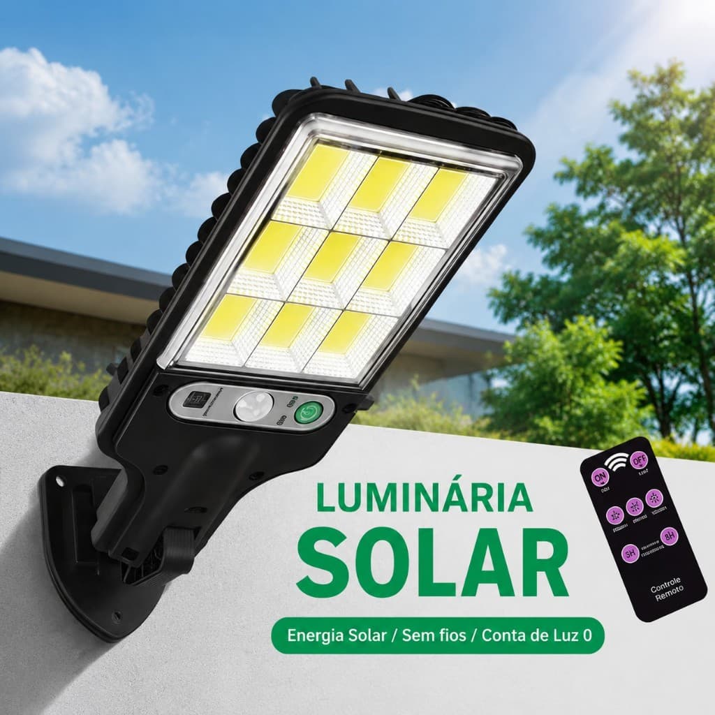 Luminária Solar LED 66 LEDs Com Sensor de Movimento Controle Remoto 3 Modos IP65 Para Jardim Parede Externa