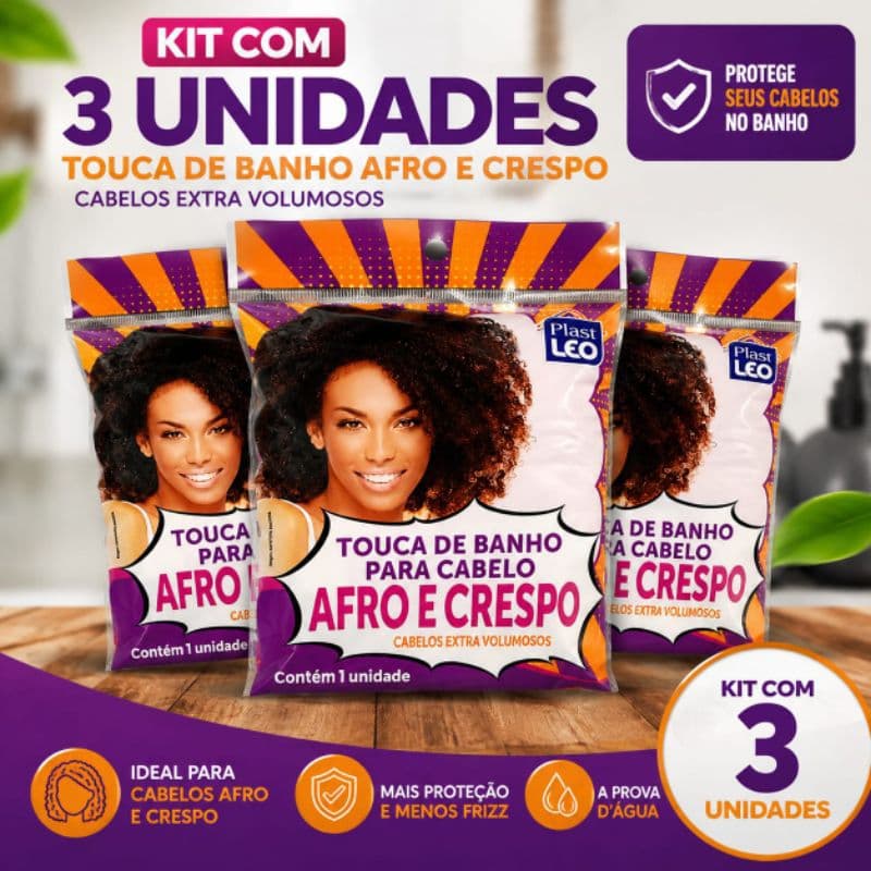 Touca de Banho para Cabelo Afro e Crespo 37cm Kit com 3 Unidades Impermeável Extra Grande para Cabelos Volumosos