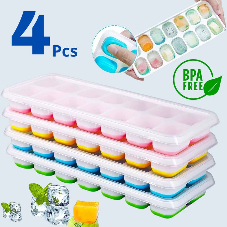 Formas de Gelo Silicone com Tampa Rígida Flexível Fundo 14 Cubos Retangular Multiuso Lavável