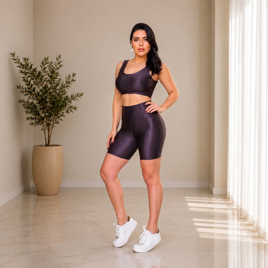 Conjunto Feminino Fitness Top e Bermuda Cintura Alta Com Bolso Lateral Academia Corrida