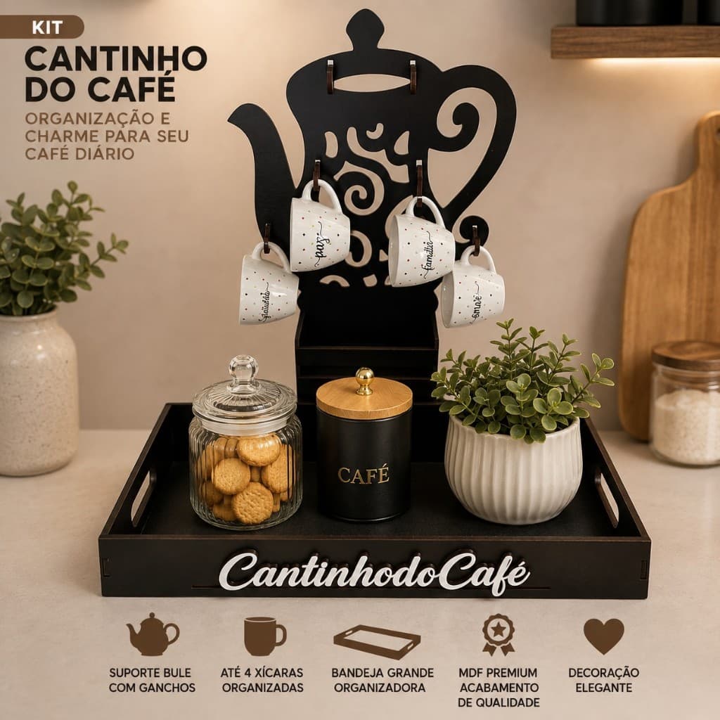 Kit Cantinho Café MDF Preto Bandeja Grande Suporte Bule Porta Xícaras