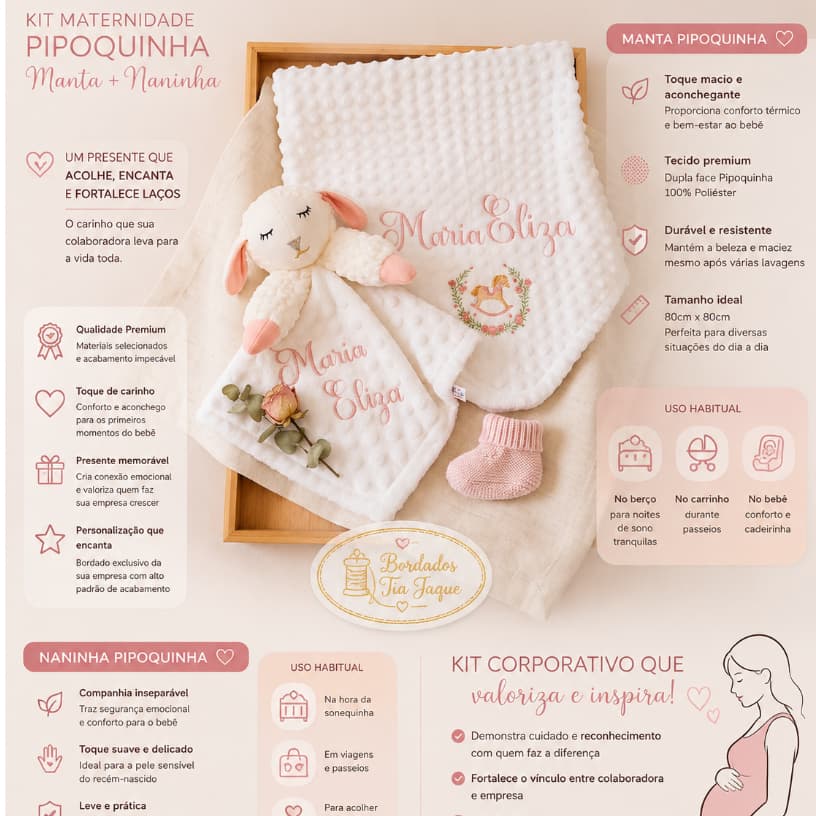 Naninha bebê | enxoval Presente  - Bordado com nome do bebê Tecido Pipoquinha