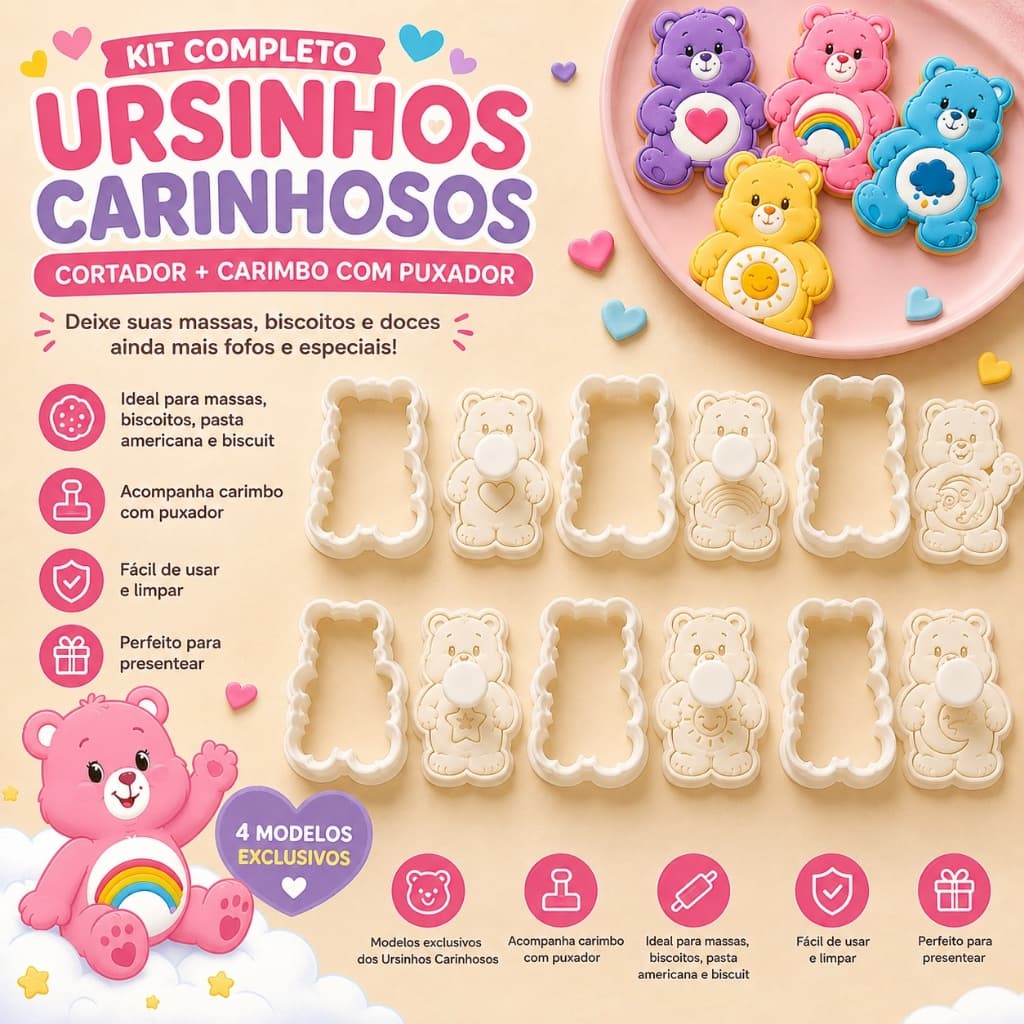 Kit Cortador e Carimbo Ursinhos Carinhosos para Massas e Doces – 5 Modelos com Puxador para Biscoitos e Confeitaria