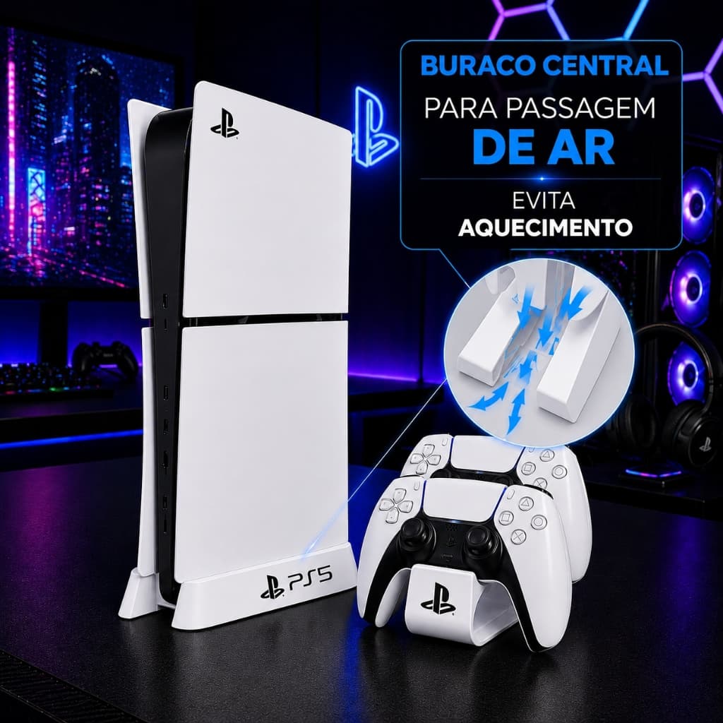 Suporte PS5 Mídia Digital Slim Vertical + Suporte Duplo Controle | Base Premium Estável c Ventilação