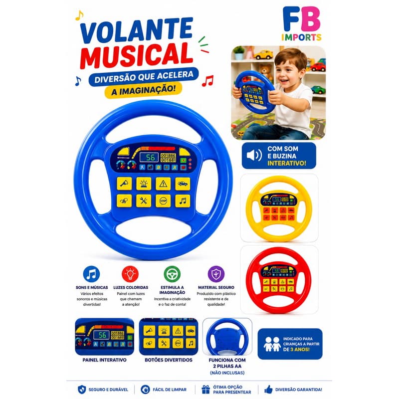 Volante Musical Grande Colorido Infantil com Som | Brinquedo Interativo Educativo | Buzina e Sons |