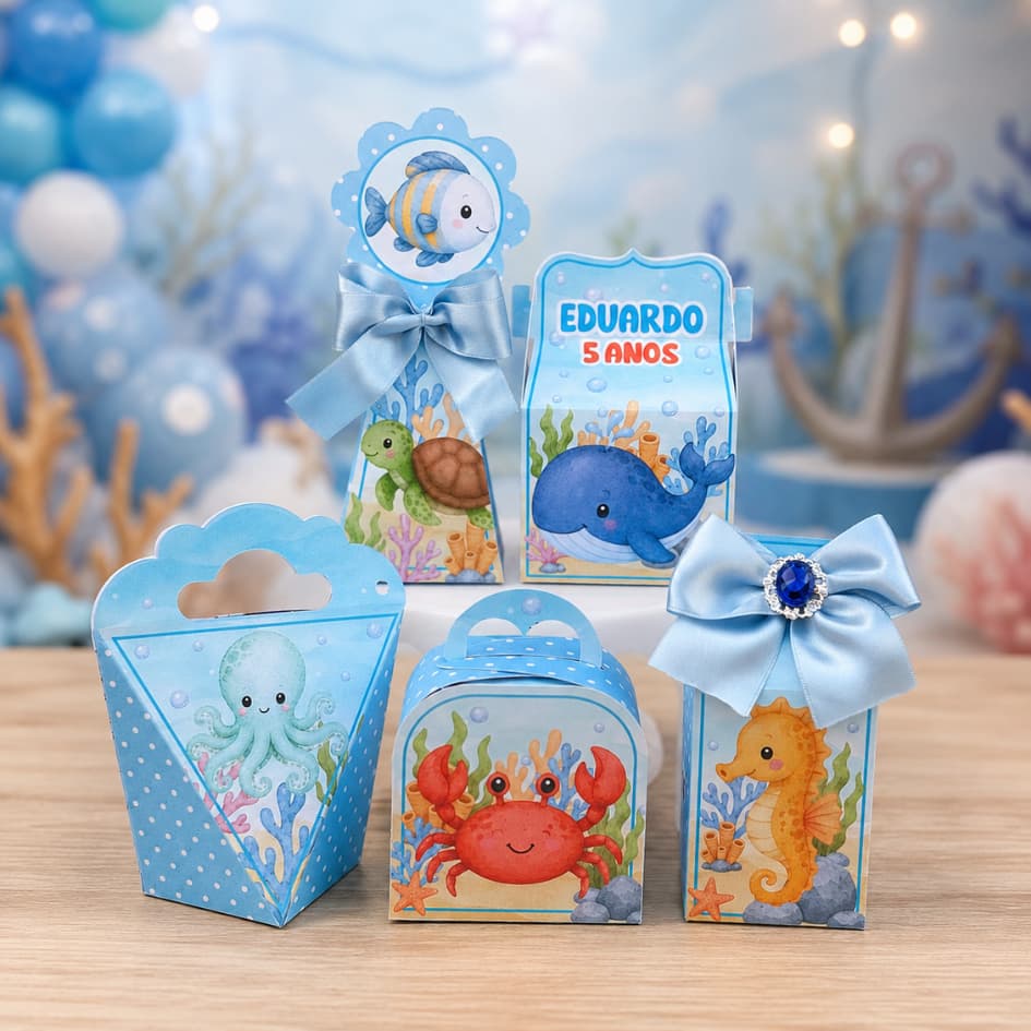 Caixinhas Personalizadas Fundo do Mar Menino para lembrancinha de aniversário com nome e idade