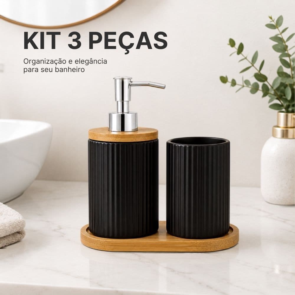 Kit Banheiro 3 Peças Porta Escovas Objetos, Dispenser Porta Sabonete e Bandeja de Cerâmica e Bambu