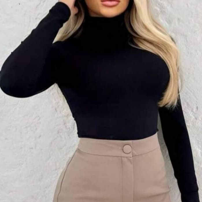 Blusa Feminina Segunda Lisa Pele Básica Casual Manga Longa Comprida Gola Alta Cacharrel Roupa De Frio Moda Tendencia Out