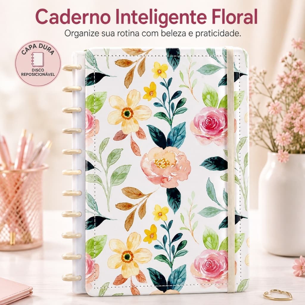 Caderno Inteligente Floral Grande Capa Dura Disco Reposicionável 80 Folhas 90g com Elástico