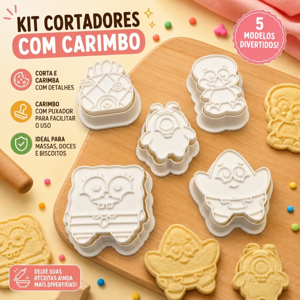 Kit 5 Cortadores Bob Esponja com Carimbo e Puxador para Massas, Biscoitos e Pasta Americana