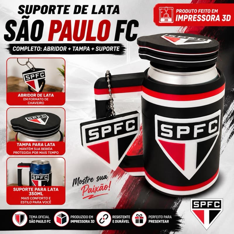Suporte para Lata 350ml São Paulo FC SPFC | Impressora 3D | Acompanha Tampa + Abridor Chaveiro | Personalizável com Nome