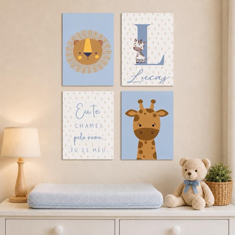 Kit 4 Quadros MDF Infantil A4 Decorativo Quarto Bebê Criança Personalizado Decoração Safari azul