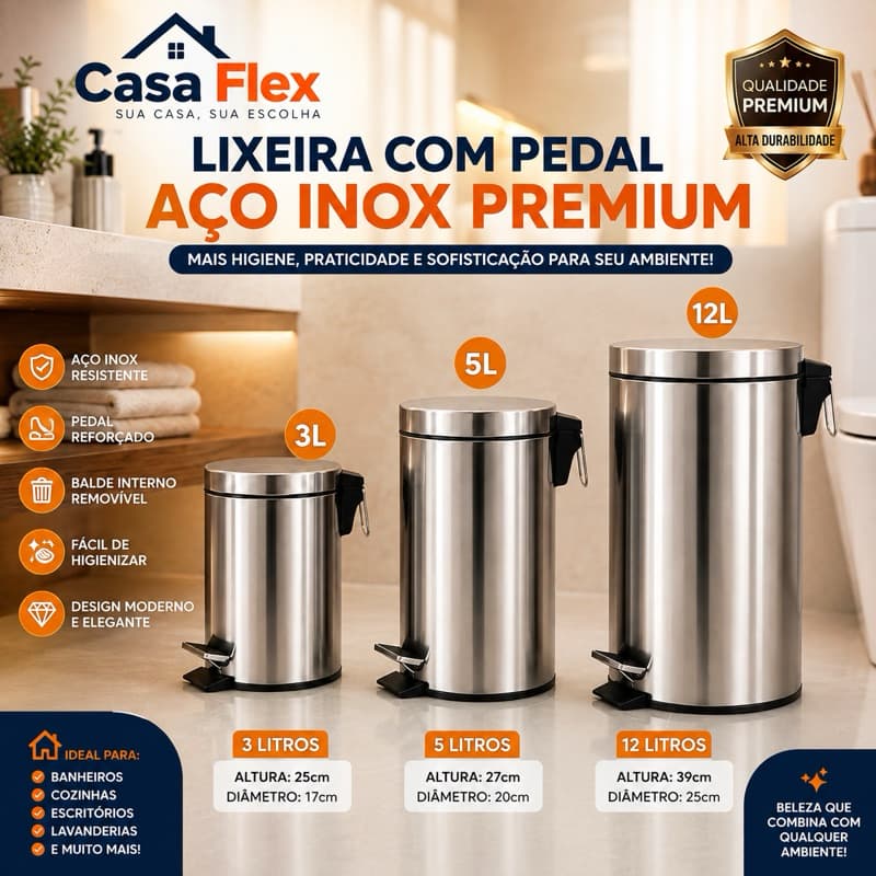 Lixeira Inox com Pedal Balde Removível 3L 5L 12L Banheiro Cozinha Lavanderia Escritório Aço Inoxidável Premium