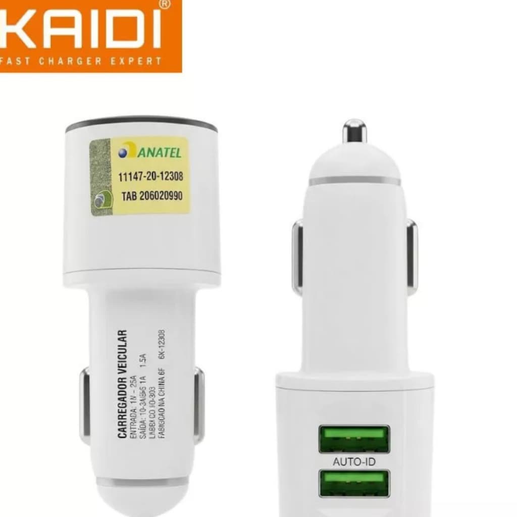 Carregador Veicular Kaidi KD-303S Dual USB + Cabo Micro USB V8