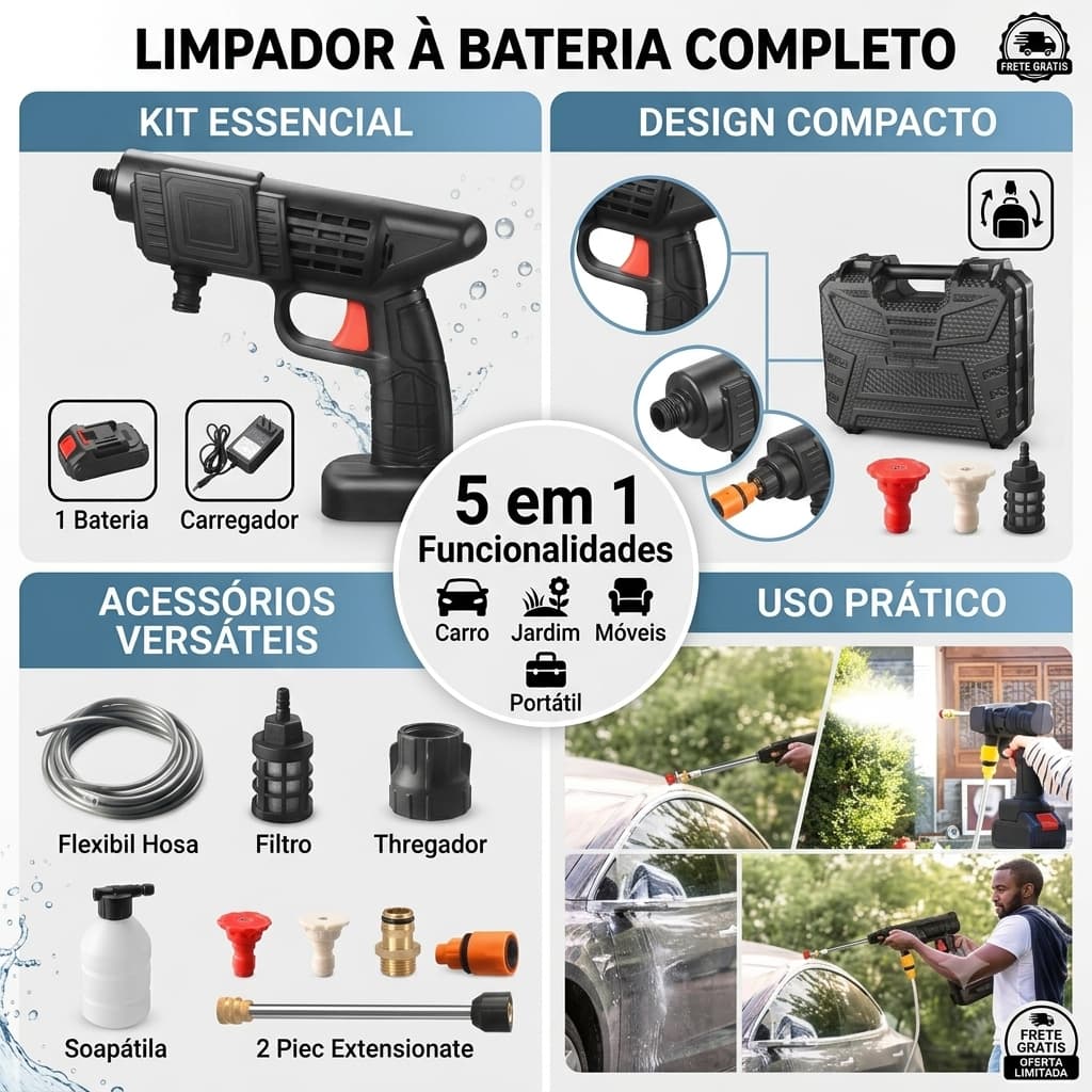 Pistola Lava Jato Bivolt Portátil Recarregável 8 Peças - Preta Ideal Presente Dia Pais - Presentes
