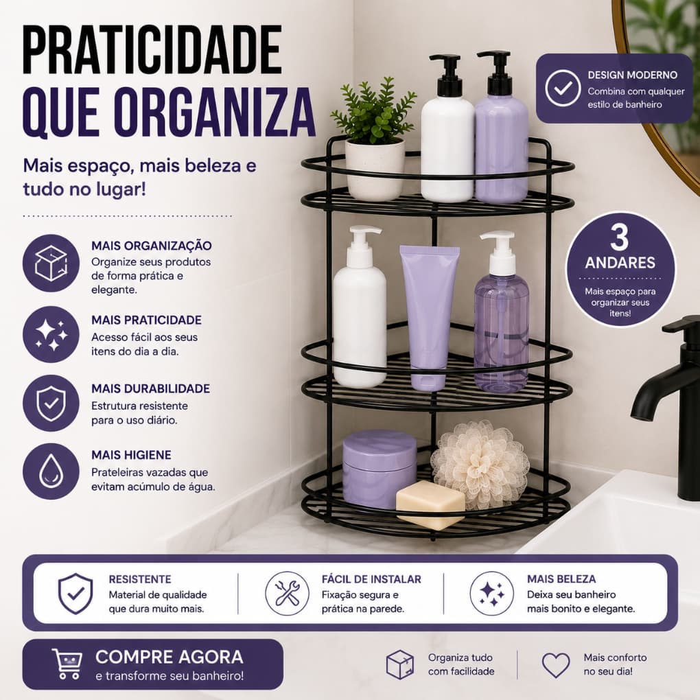 Porta Shampoo Cantoneira Dupla ou Tripla Para Box Banheiro Suporte Organizador de Parede Preto Branco Aço Resistente