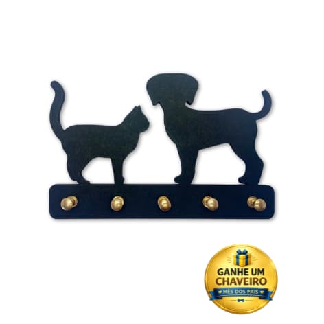Porta-Chaves Pet Gato e Cachorro Amigos MDF Preto 20cm e Chaveiro