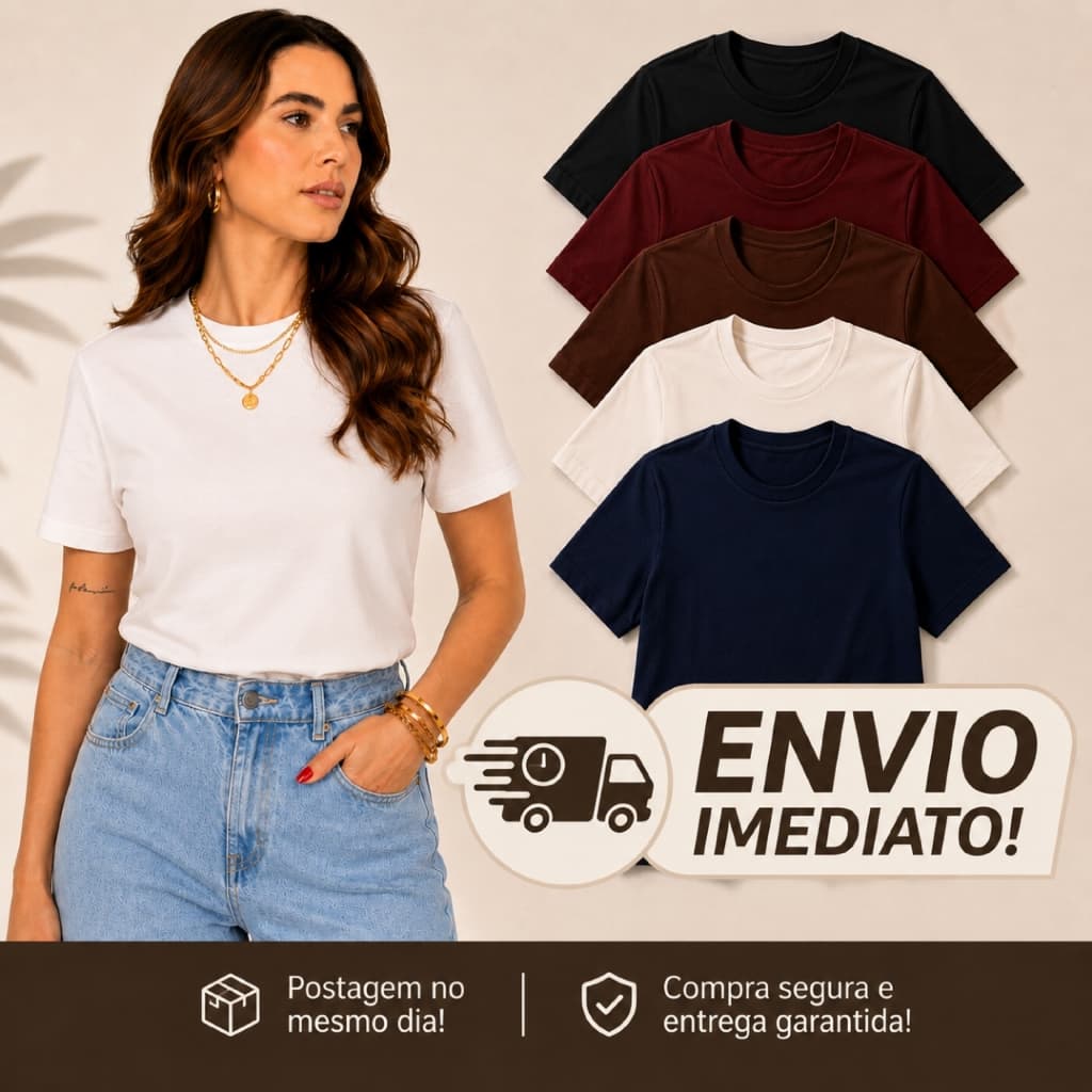 Camiseta Feminina Lisa 100% Algodão Penteado Fio 30.1 Gola Em Ribana Material Premium Blusa T-shirt