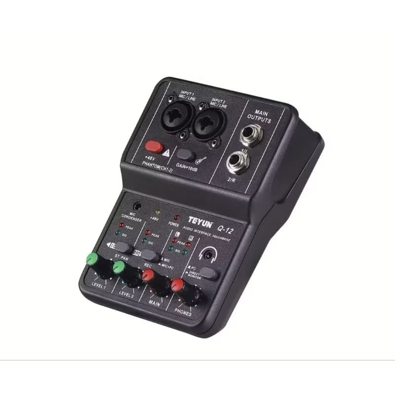 Interface de Áudio USB Q12 2 Canais 48V Phantom Power Home Studio Podcast Live Streaming Gravação 16Bit 48kHz