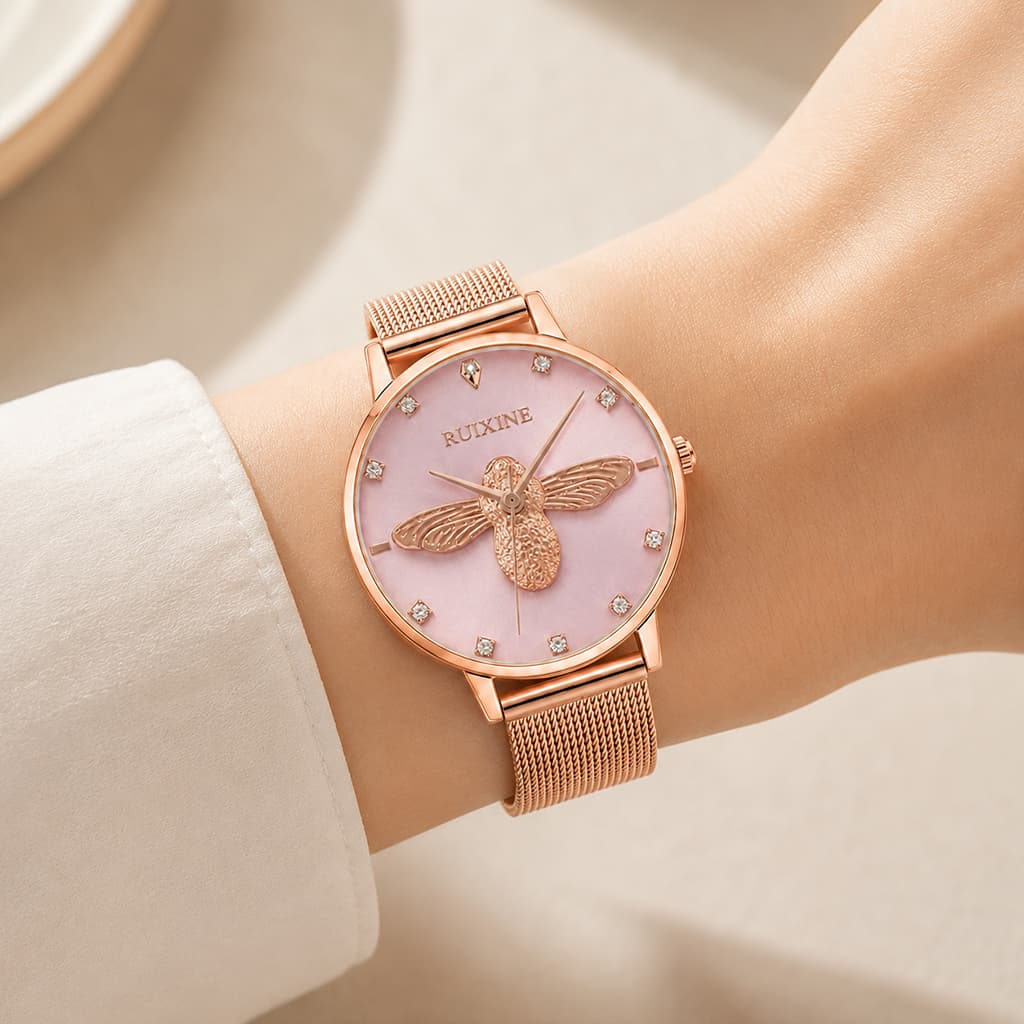 Relógio Feminino Ruixine Ouro Rosa Luxuoso com Mostrador Abelha 3D Pulseira Conjunto Casual Elegante