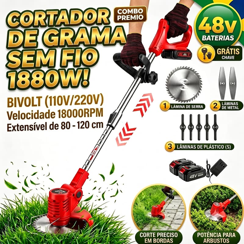 Aparador Roçadeira Elétrica De Grama 2 Bateria 48V 1880W Corte de Grama e Mato Ajustável Sem Fio Potente