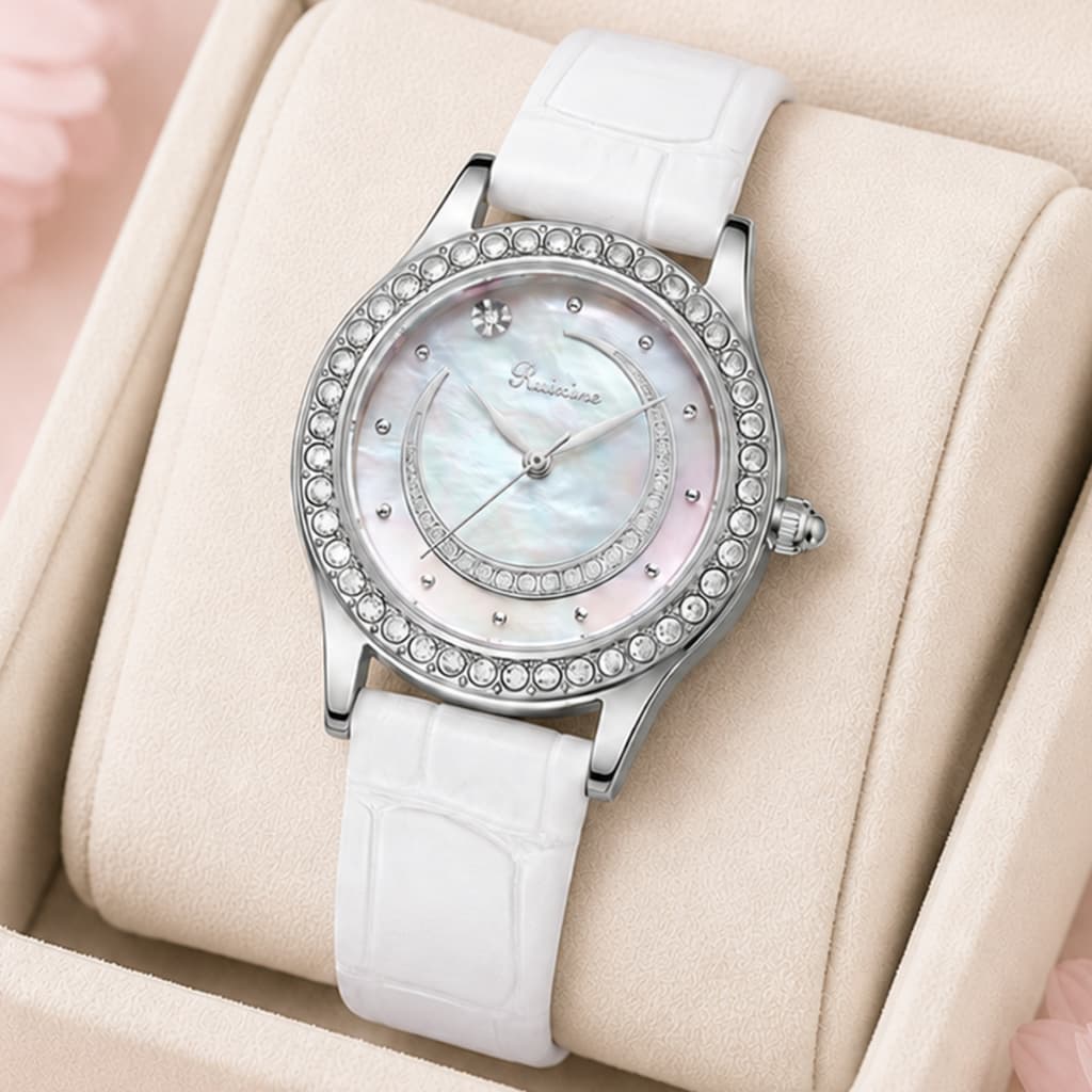 Relógio Feminino RUIXINE Luxo Elegante Pulseira de Couro Mostrador Diamante Quartzo Moda
