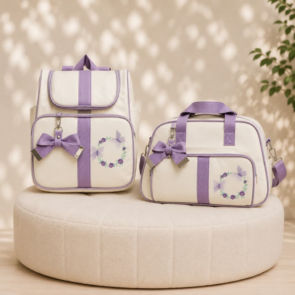 Kit Bolsa de Bebê e Mochila Maternidade Luxo Borboleta Bege/Lilás
