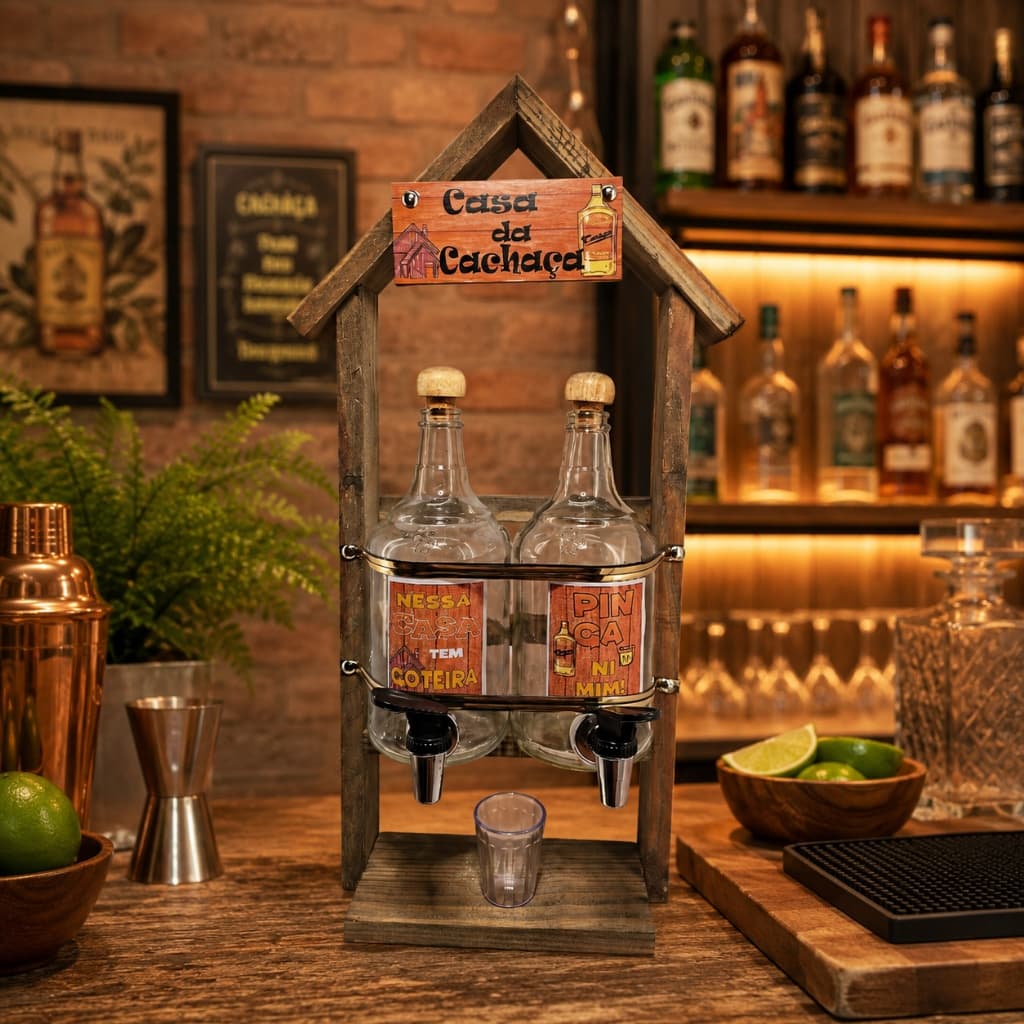 Pingômetro Casa da Cachaça 2 Garrafas com Torneiras para Barzinho e Área Gourmet