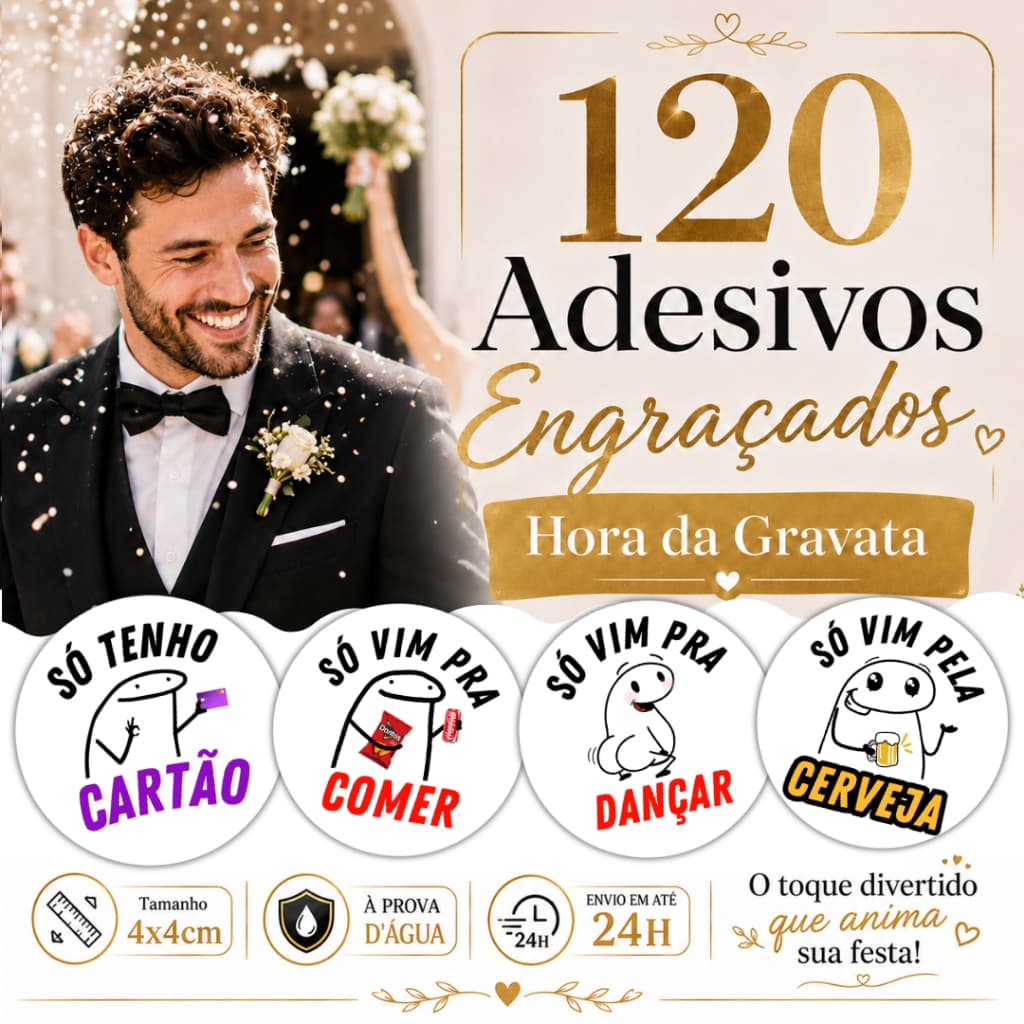 Kit 120 Adesivos Hora da Gravata 4x4 Flork Divertidos para Casamento Operação Lua De Mel Eu Apoio!