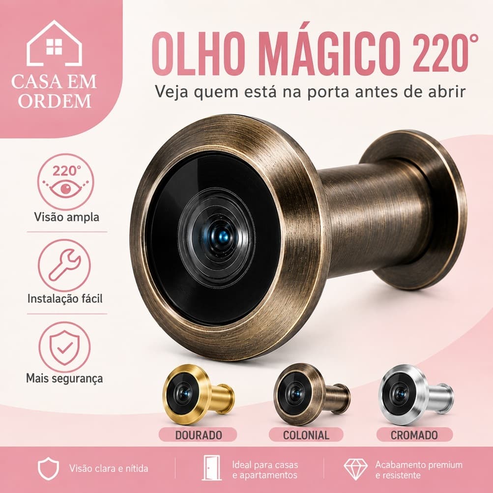 Olho Mágico 220° para Porta Grande Angular Visor de Segurança Cromado Colonial Dourado