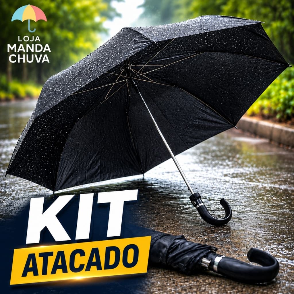 KIT 10/20/30 Guarda Chuva Sombrinha Automático Reforçado Preto | Compacto com Cabo Curvo Dobravel Bolsa Mochila Atacado