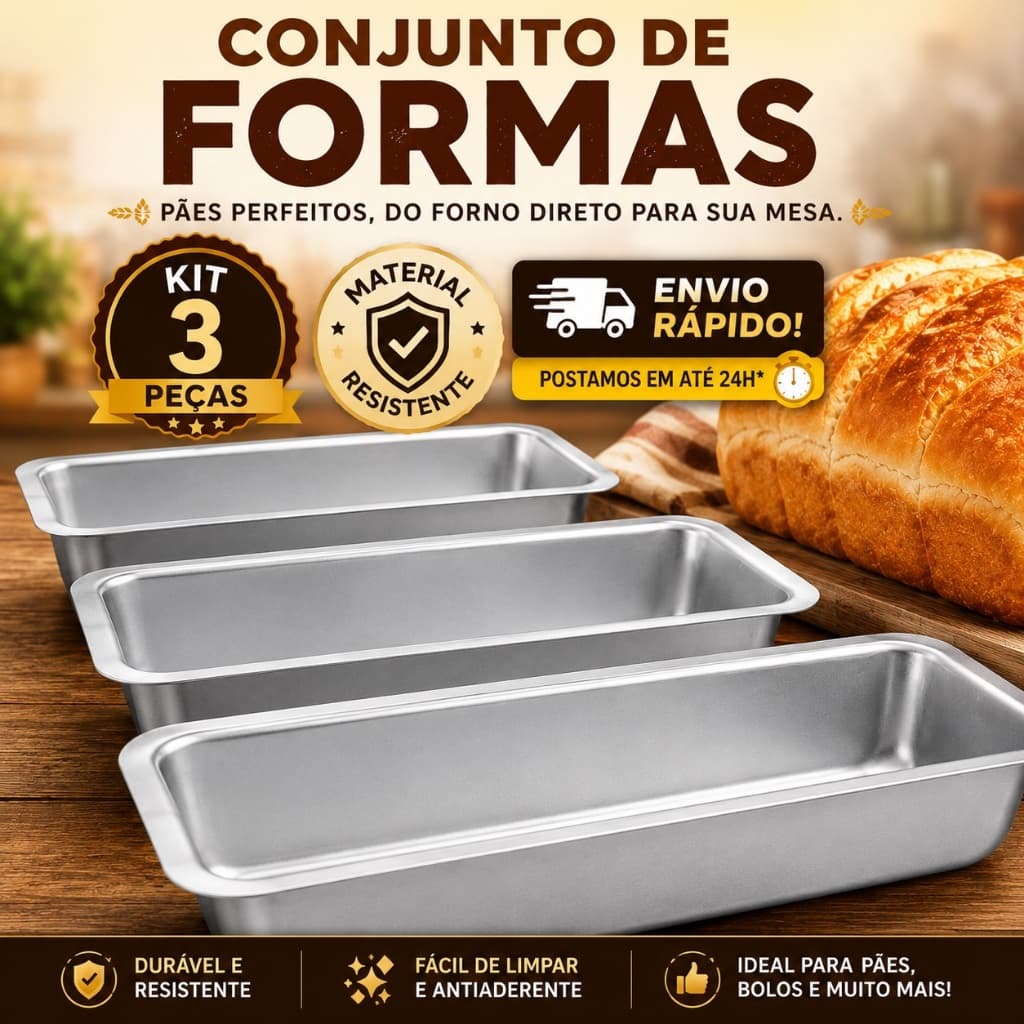 Kit 3 Formas para Pão Alumínio Resistente Assadeira Bolo Inglês e Pães Caseiros