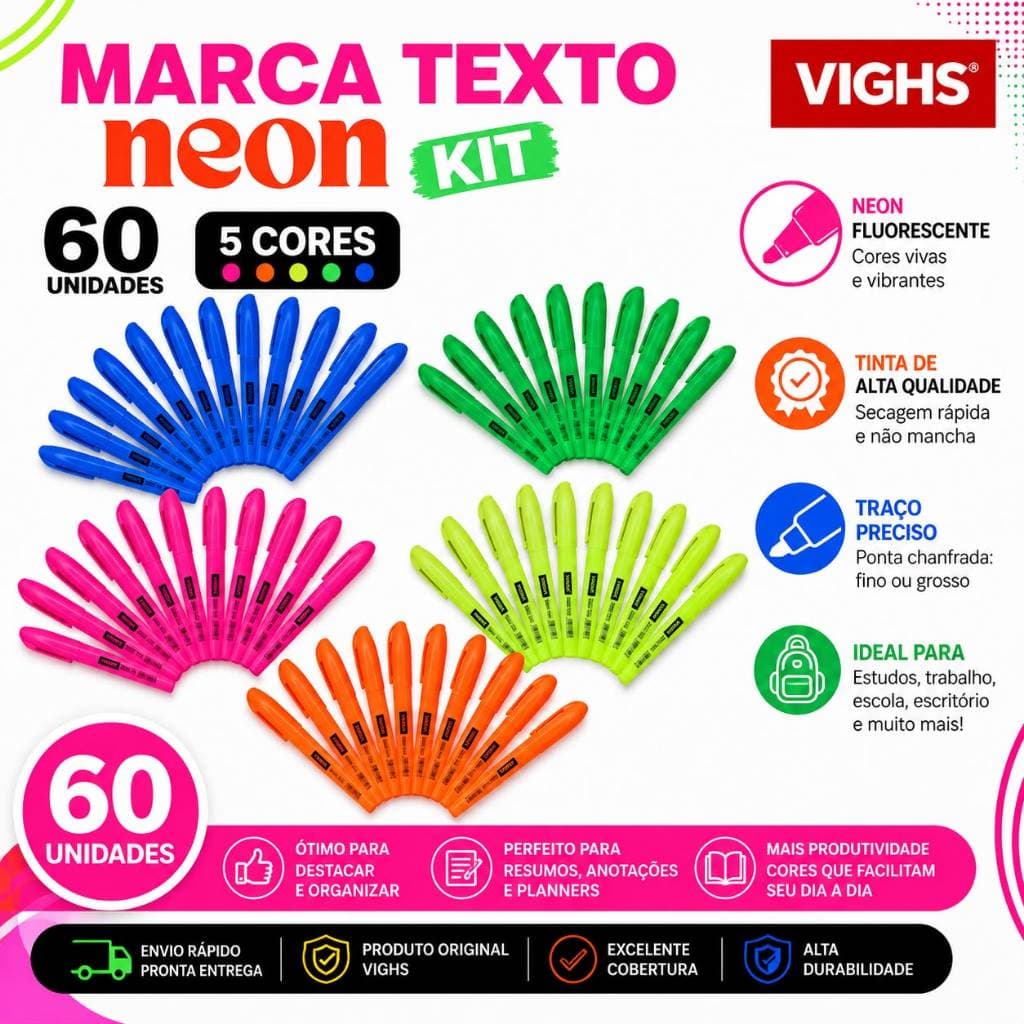 Kit 60 Marca Texto Neon Vighs 5 Cores Fluorescente Escolar Escritório Resumo Planner OriginalKit 60 Marca Texto Neon Vig