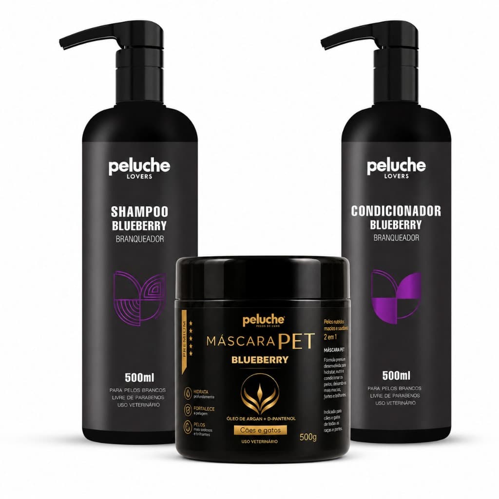 Kit Banho Pet Shampoo Branqueador Condicionador Máscara Blueberry Peluche Cães Gatos