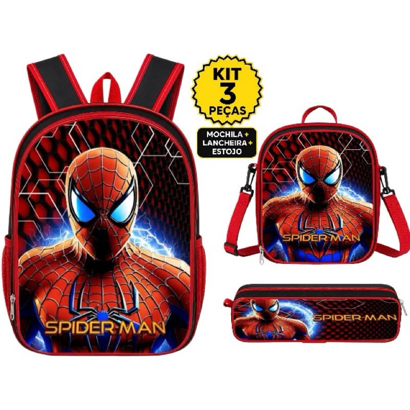 Mochila Infantil  menino Escolar Homem Aranha  Lancheira Térmica + Estojo + Mochila com forro interno