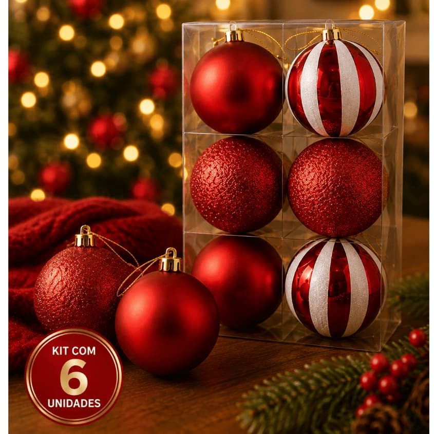Kit 6 Bolas De Natal Para Árvore Decoração Festiva Vermelha