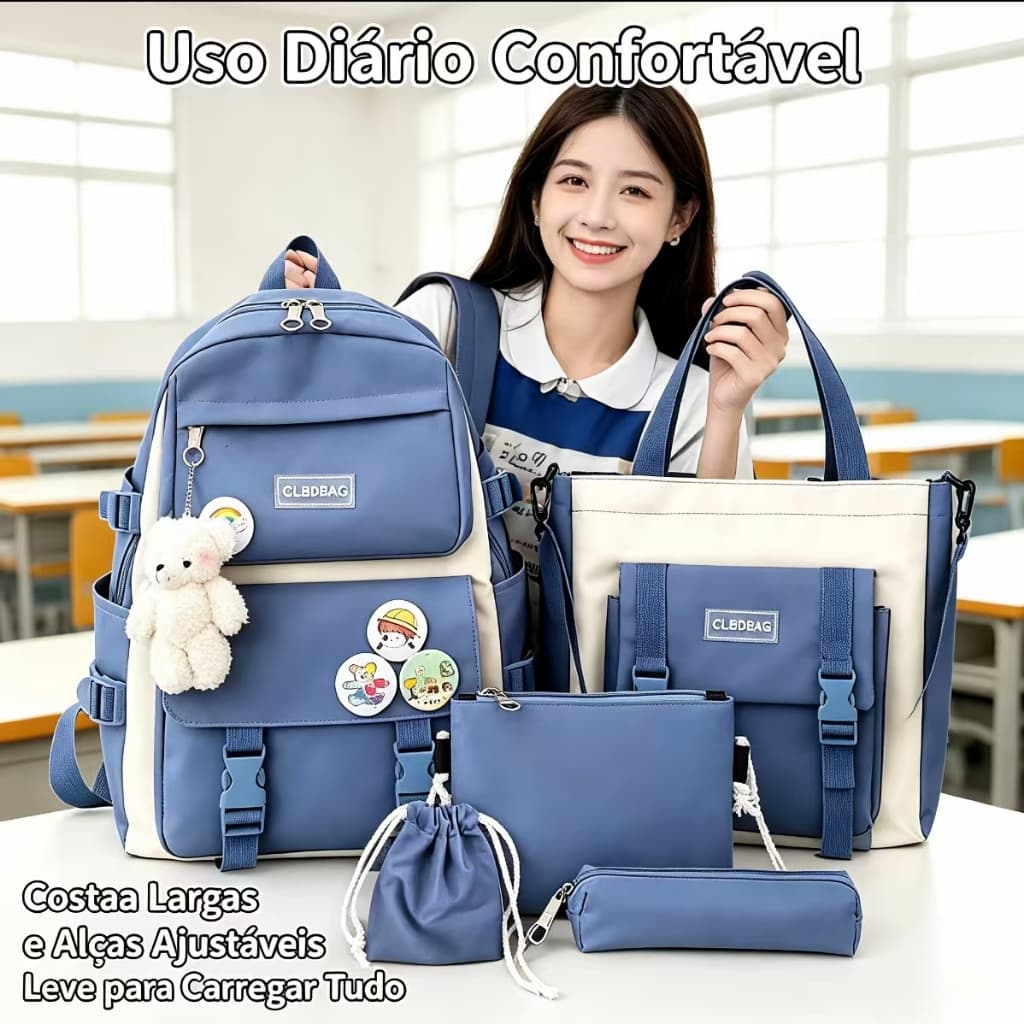 Kit 5 Peças Mochila Feminina Nylon Resistente, Bolsa Multiuso para Escola, Trabalho e Passeio，Mochila Escolar