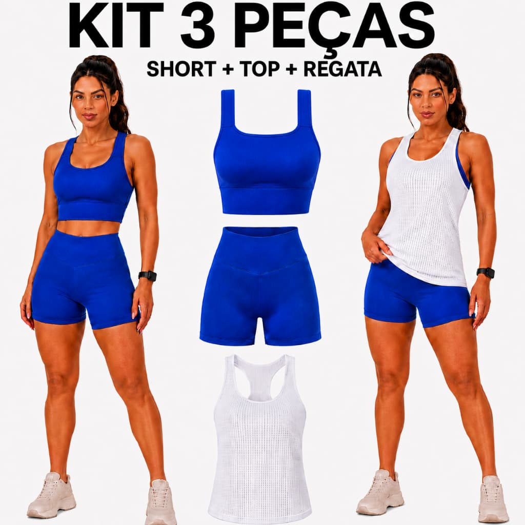 Kit 3 Peças Fitness Feminino Short Top E Regata Academia Treino Musculação Confortável