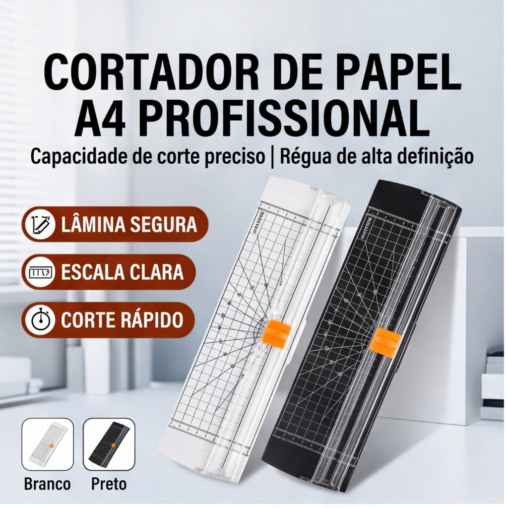 Guilhotina Cortadora de Papel A4 Portátil, Fácil Manuseio para Escritório, Lâmina Cortante, Cores Preto e Branco