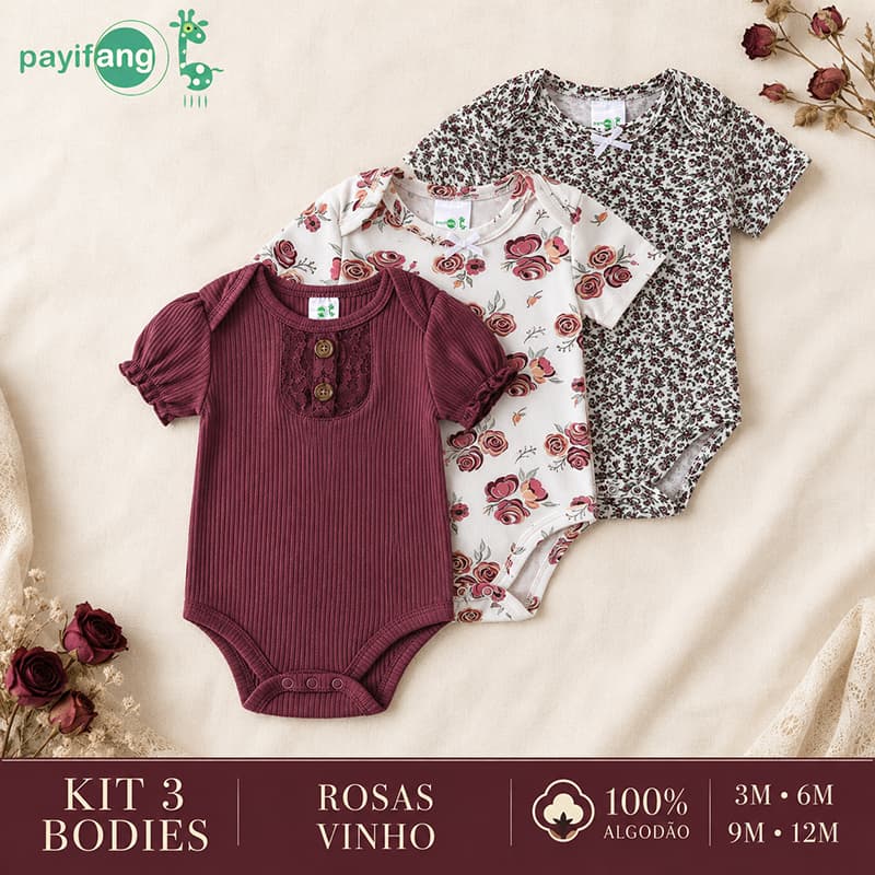 Payifang Kit 3 Bodies Bebê Menina Rosas Vinho Manga Curta 100% Algodão 3M 6M 9M 12M