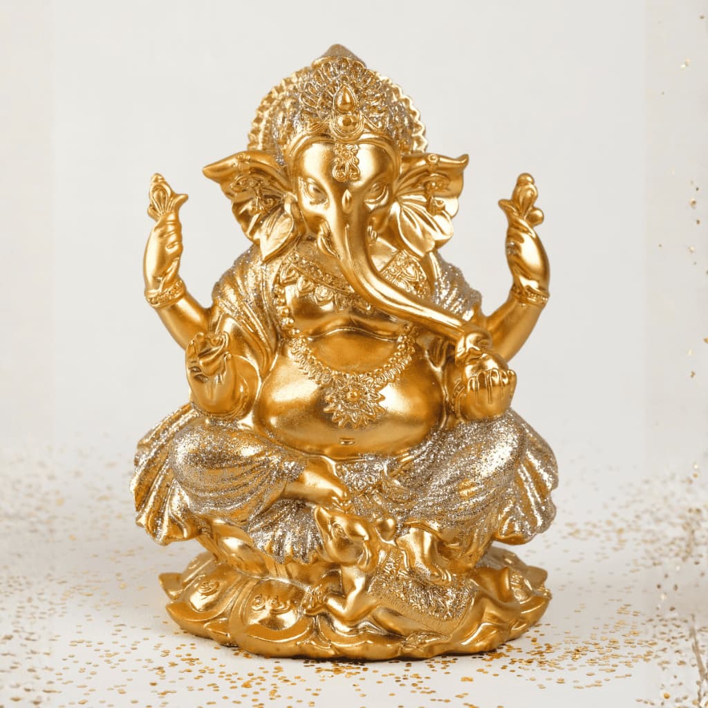 Ganesha Dourado 12cm Arquétipo Estatueta Hindu Abertura de Caminhos e Fortuna Enfeite Decoração