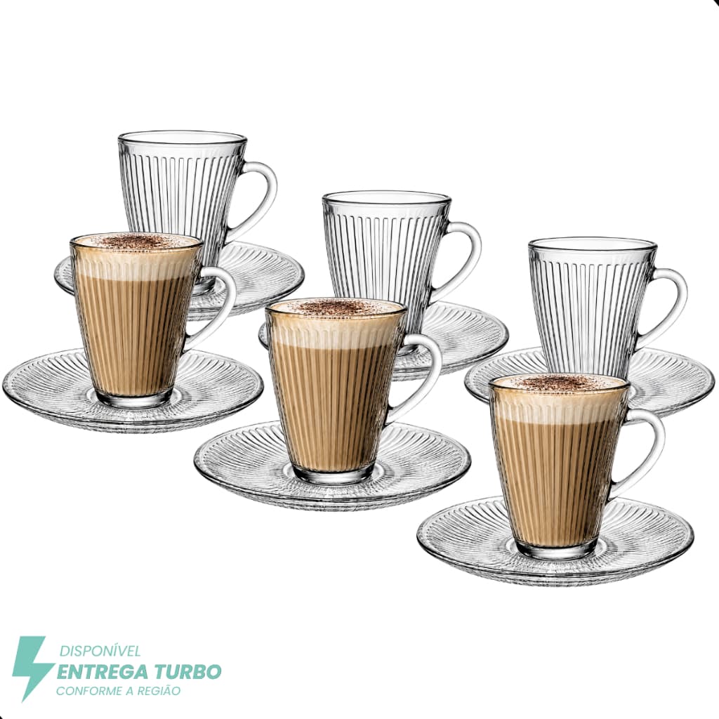 Jogo De Xícaras Em Vidro 175ml Kit Canecas Para Chá Café Louças 12 Peças | 6 Xícaras E 6 Pires