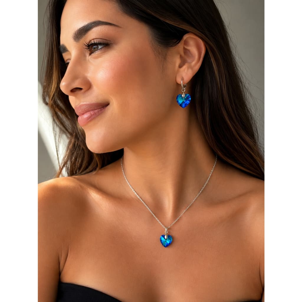 Conjunto Colar Brincos Coração Cristal Aço Inox Prateado Feminino Presente Delicado