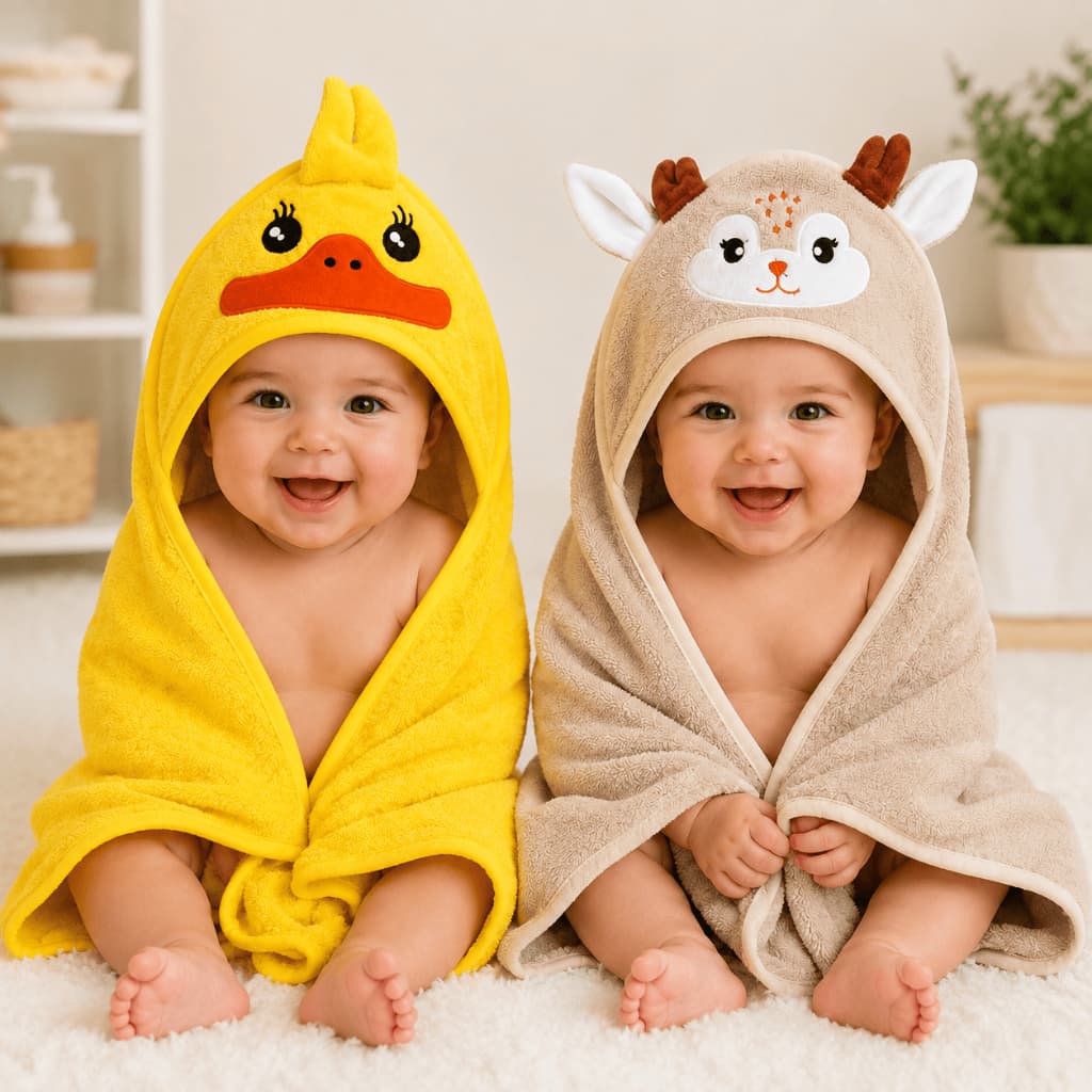 Kit com 2 Toalhas Felpudas com Capuz Bordado de Bichinho 70x70cm – Menino e Menina