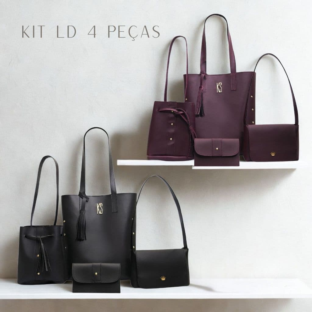 Bolsa Kit LD Fit - Preta, Vermelho Vinho - Kit Presente - Grande, Média, Pequena, Carteira