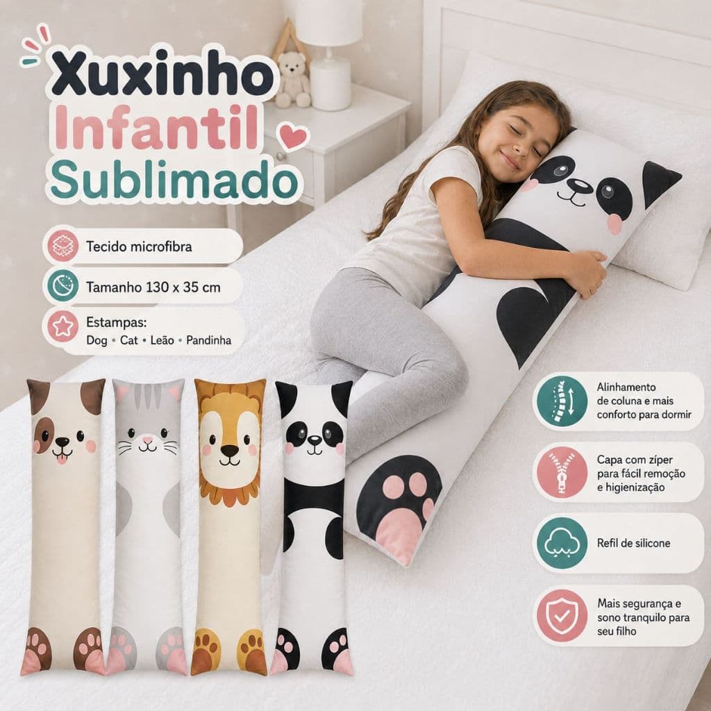 Xuxão Travesseiro Corpo Enchimentos Espuma 1,30cm x 0,30cm Xuxinho Estampas Infantil com Zipper