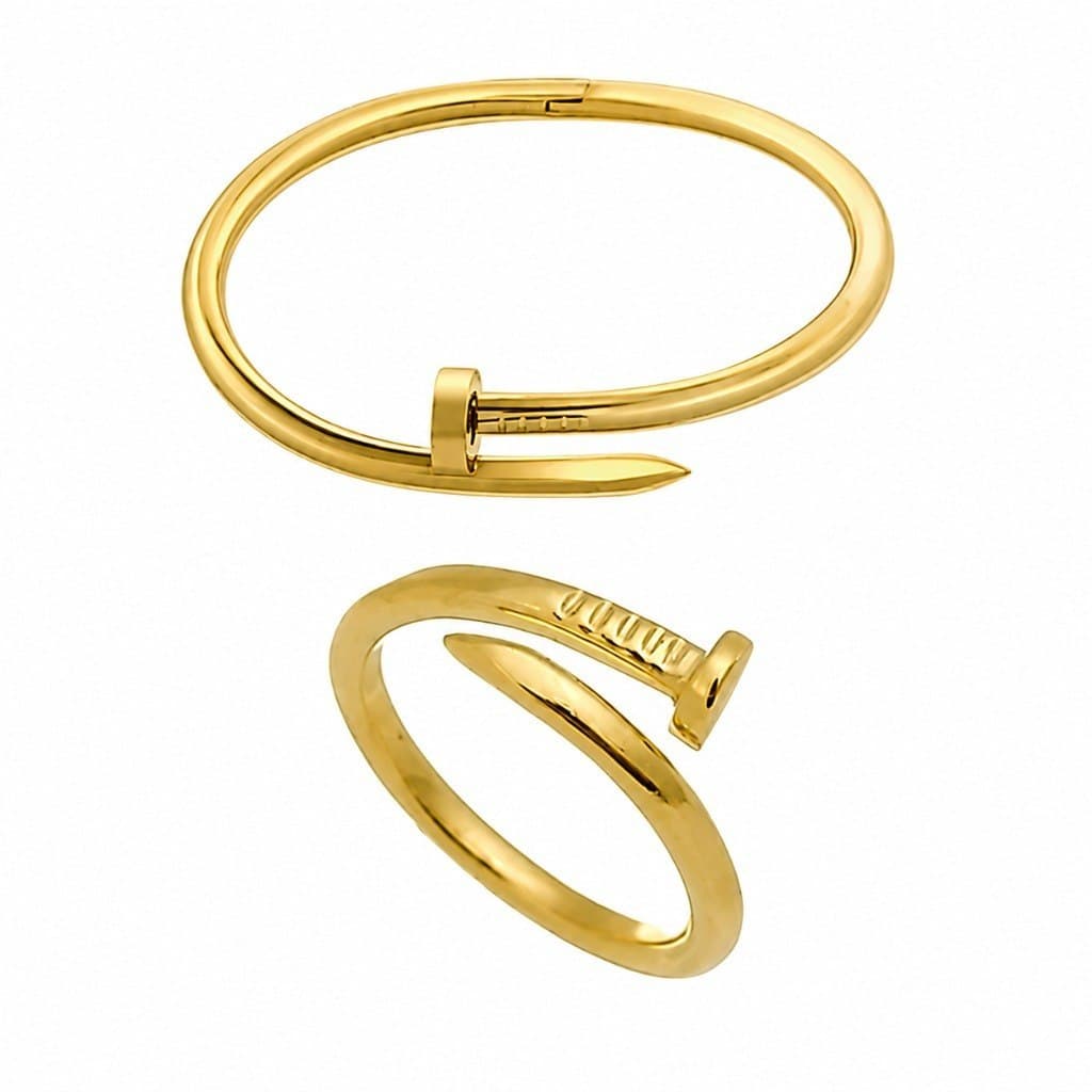 Kit Anel Bracelete Estilo Prego Aço Inoxidável Feminino Dourado 316L Pulseira Luxo Elegante Ajustável Presente Hipoalerg