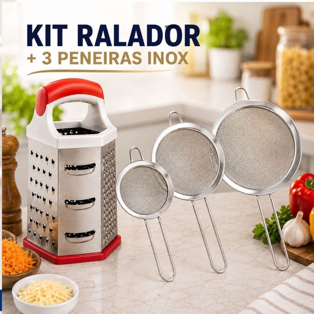 Kit Ralador Inox 6 Faces Multiuso com 3 Peneiras Coador Aço Inox para Cozinha