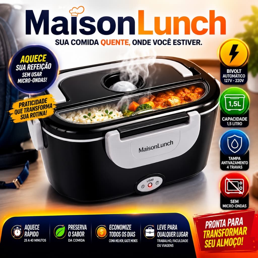 Marmiteira Térmica Portátil Bivolt 1,5L Aquece Comida Rápido Sem Micro-ondas Tampa Antivazamento Preta MaisonLunch